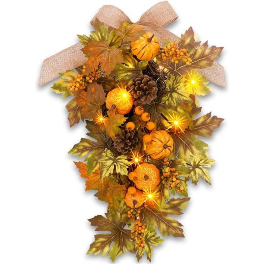 YULETIME 24" Pre-lit Decorative Teardrop‎ Swag, Battery Operated Autumn Theme
